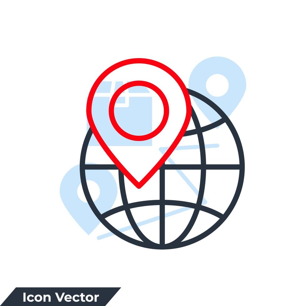 Ilustración de vector de logotipo de icono de logística global. plantilla de símbolo de ubicación de pin y mundo para la colección de diseño gráfico y web