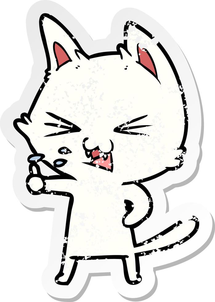 distressed sticker of a cartoon cat hissing vector