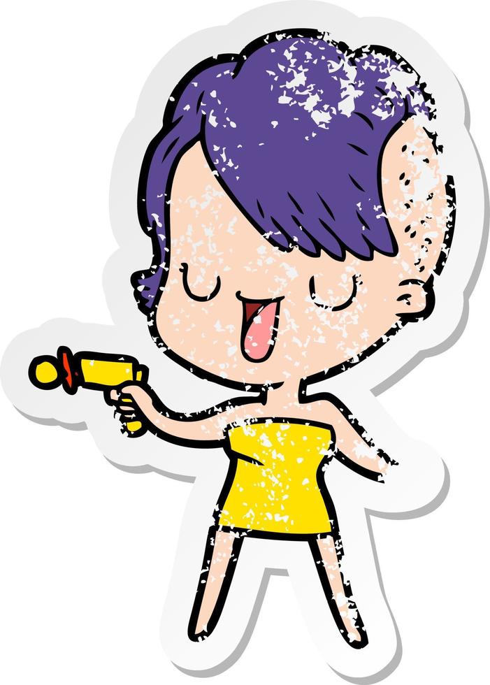 distressed sticker of a cute cartoon girl with hipster haircut vector