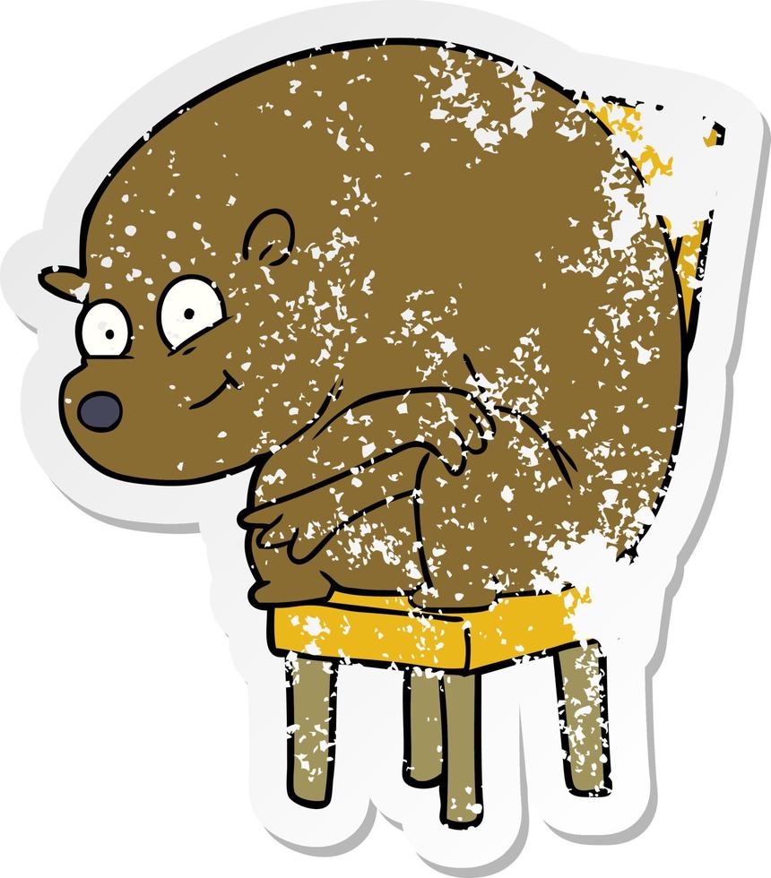 distressed sticker of a cartoon bear sitting on chair vector