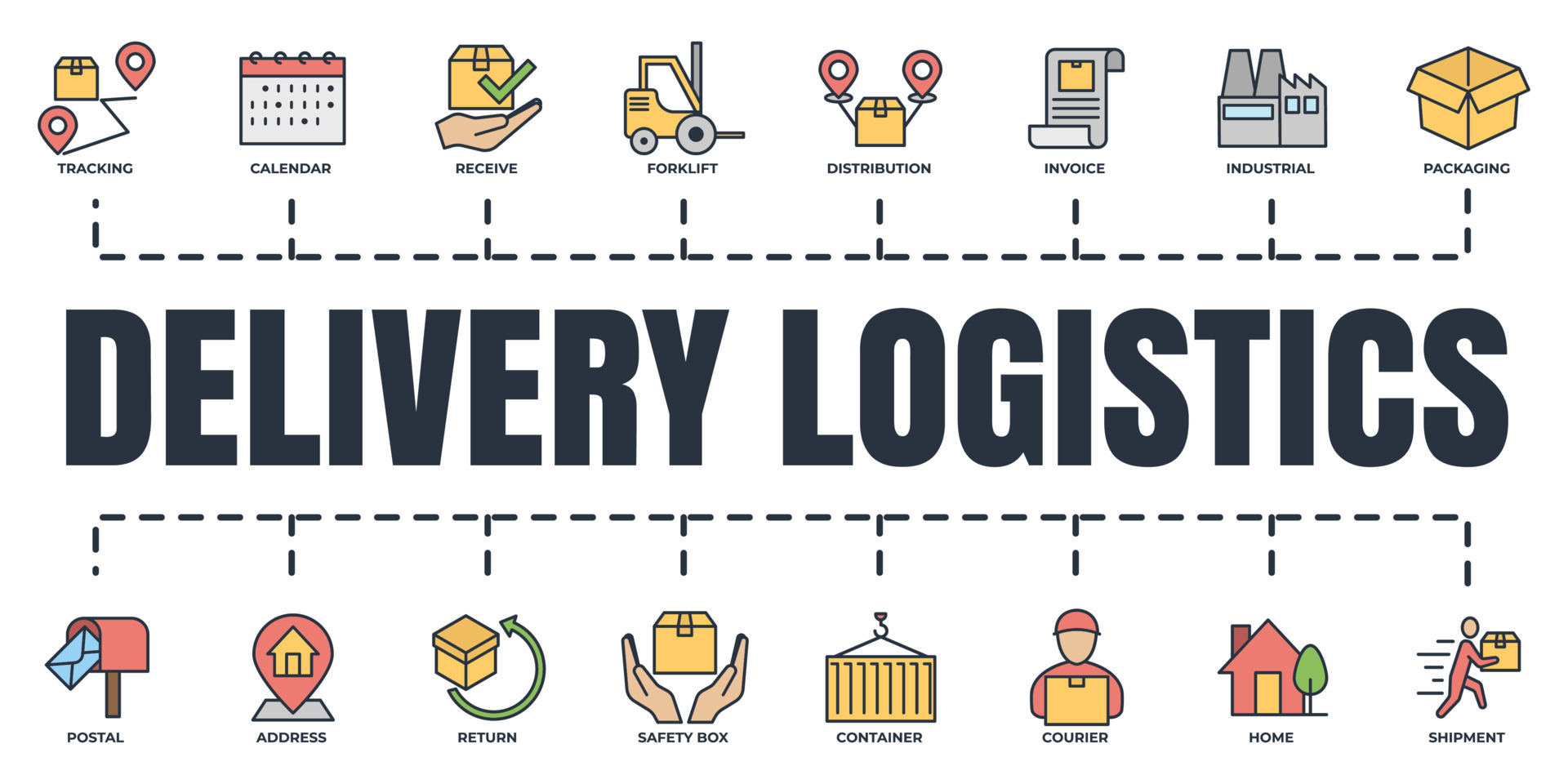 Delivery shipping banner web icon set. distribution, container, invoice