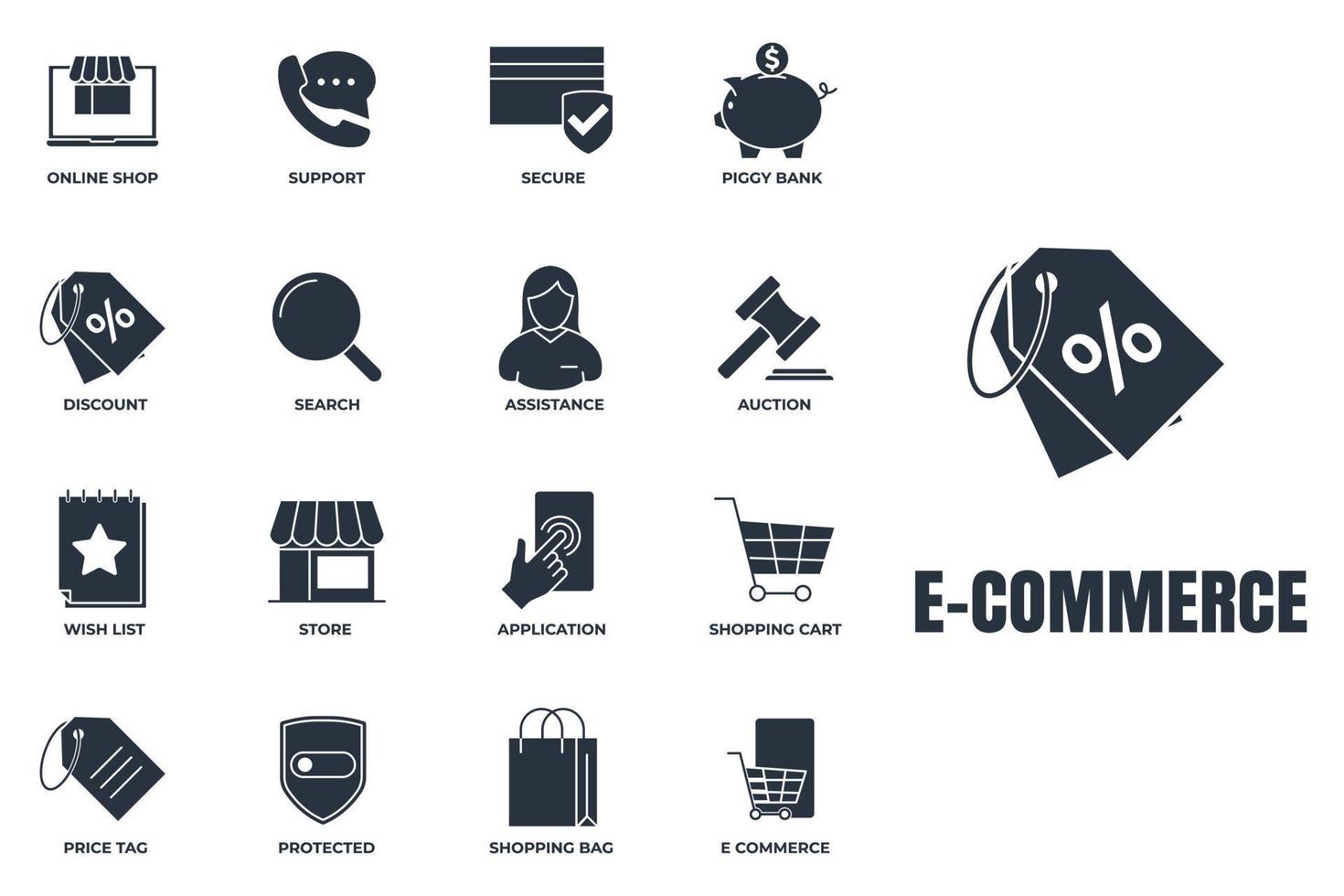 Set of E-commerce icon logo vector illustration. shopping cart, wish list, piggy bank, search, secure, protected shield and more pack symbol template for graphic and web design collection