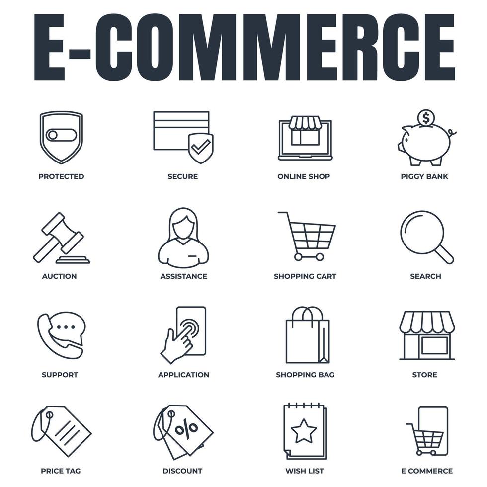 Set of E-commerce icon logo vector illustration. shopping cart, wish list, piggy bank, search, secure, protected shield and more pack symbol template for graphic and web design collection