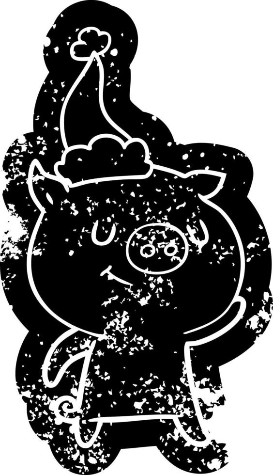 happy cartoon distressed icon of a pig wearing santa hat vector