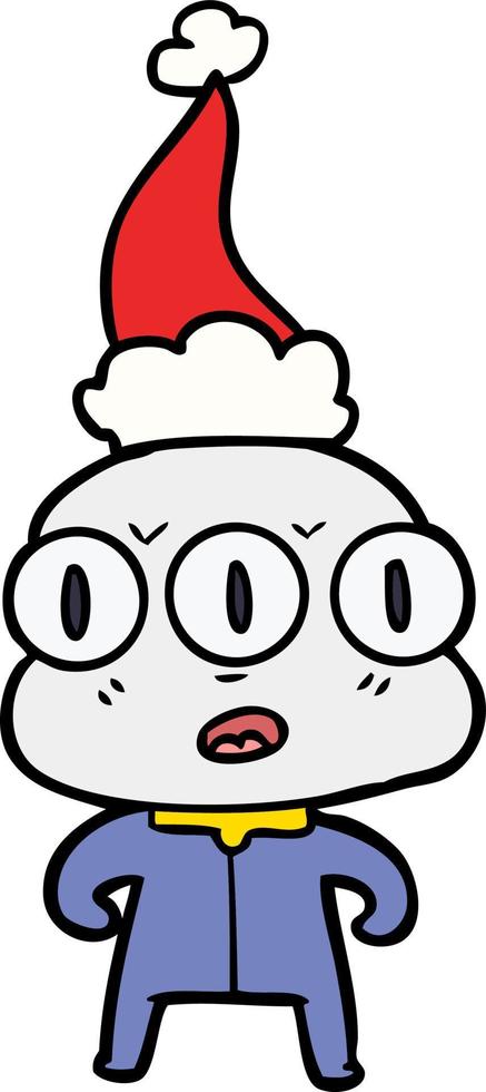 line drawing of a three eyed alien wearing santa hat vector