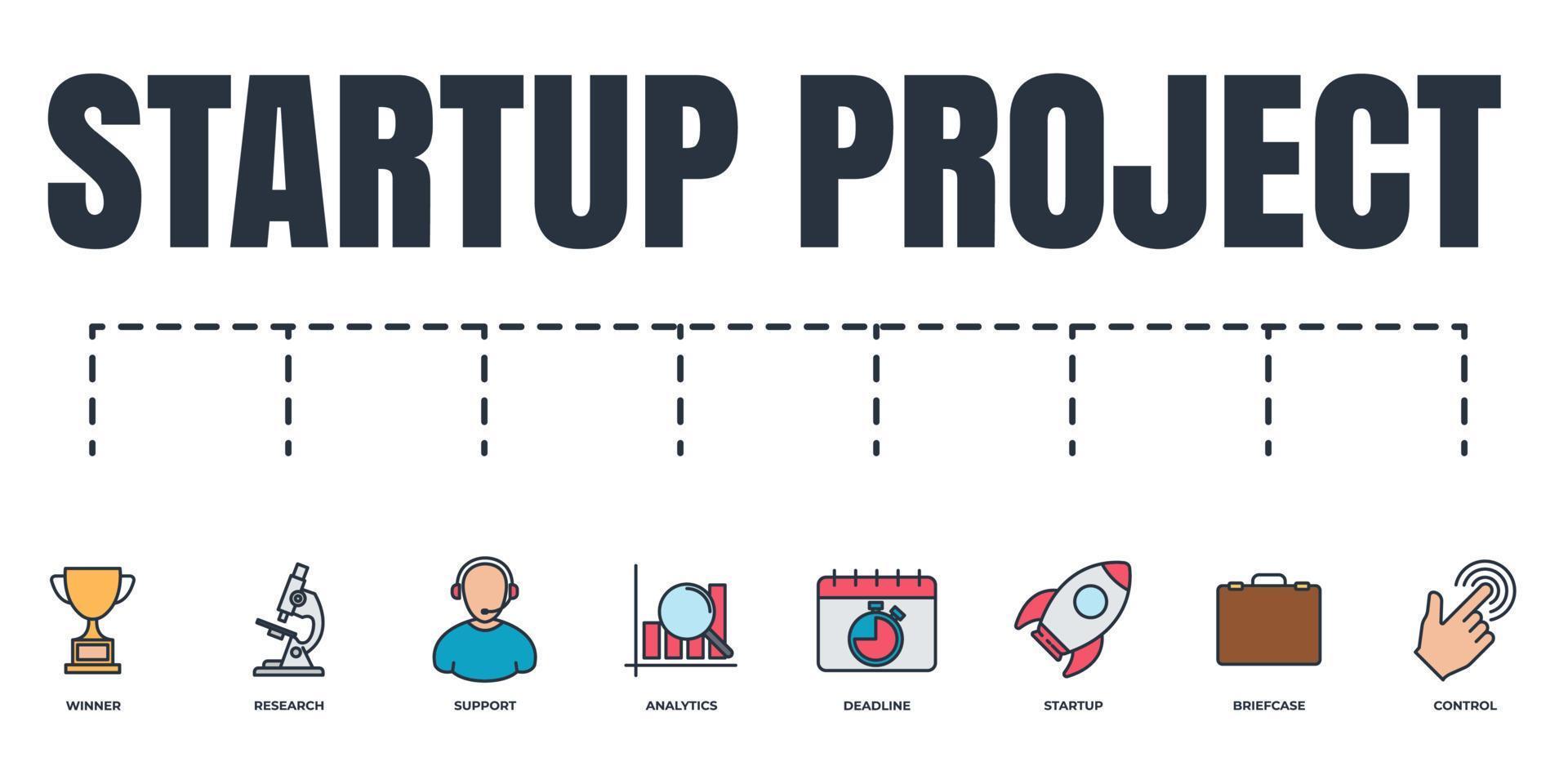 Startup project and development banner web icon set. startup rocket, support, briefcase, research microscope, winner trophy, analytics, control, deadline vector illustration concept.