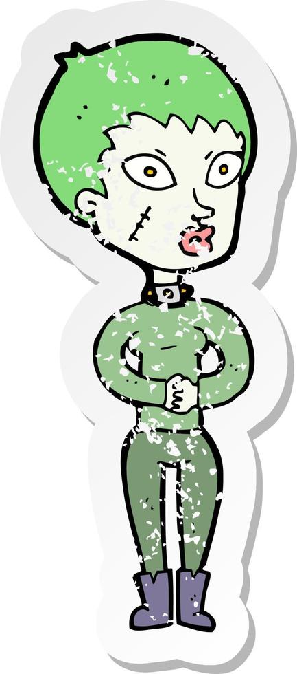 retro distressed sticker of a cartoon zombie girl vector