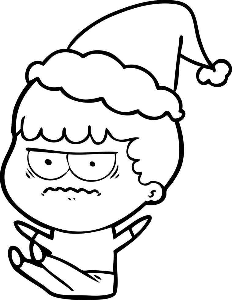 line drawing of a annoyed man wearing santa hat vector