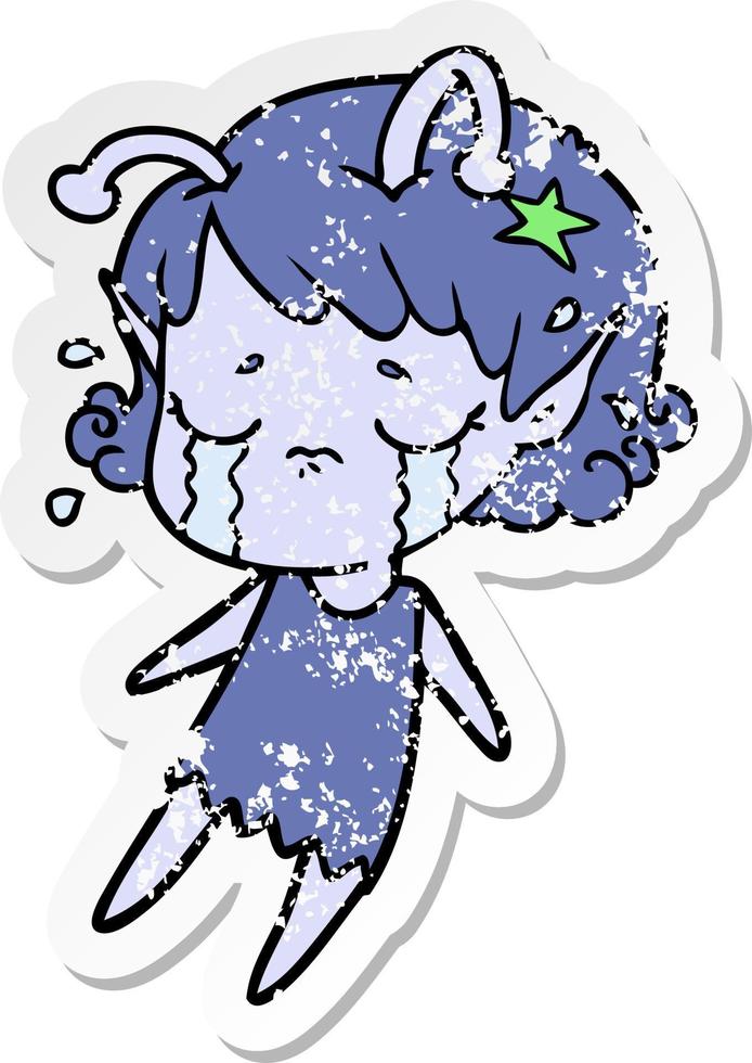 distressed sticker of a cartoon crying alien girl vector