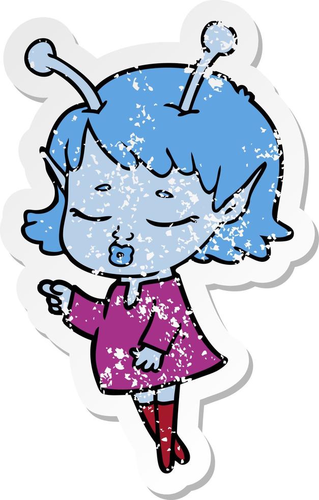 distressed sticker of a cute alien girl cartoon vector