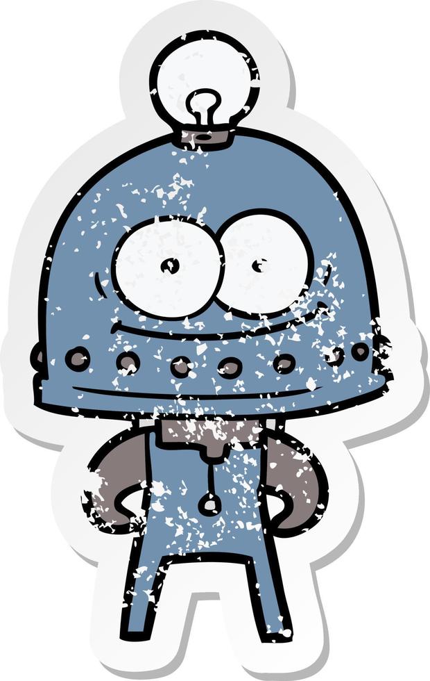 distressed sticker of a happy carton robot with light bulb vector