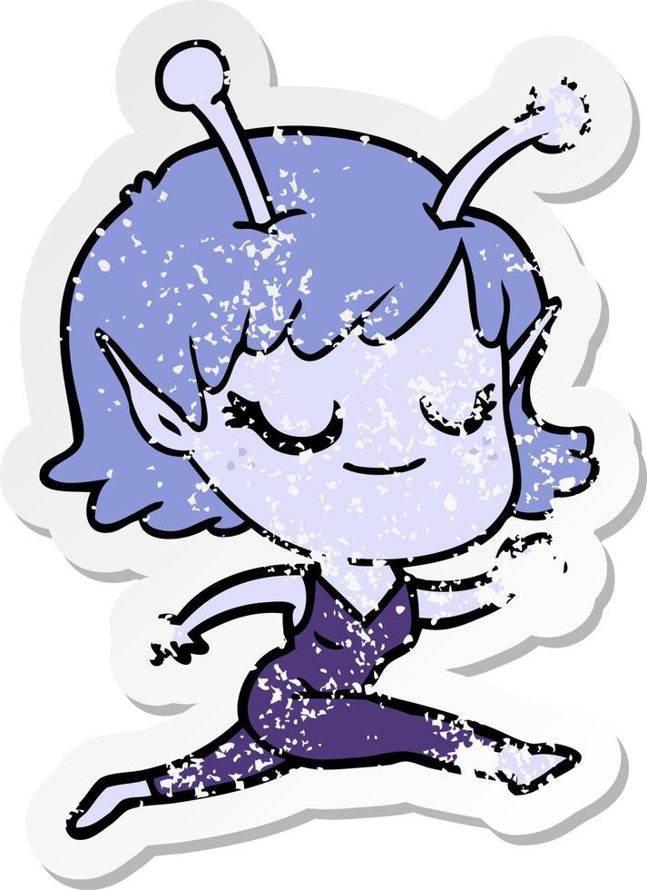 distressed sticker of a smiling alien girl cartoon running vector