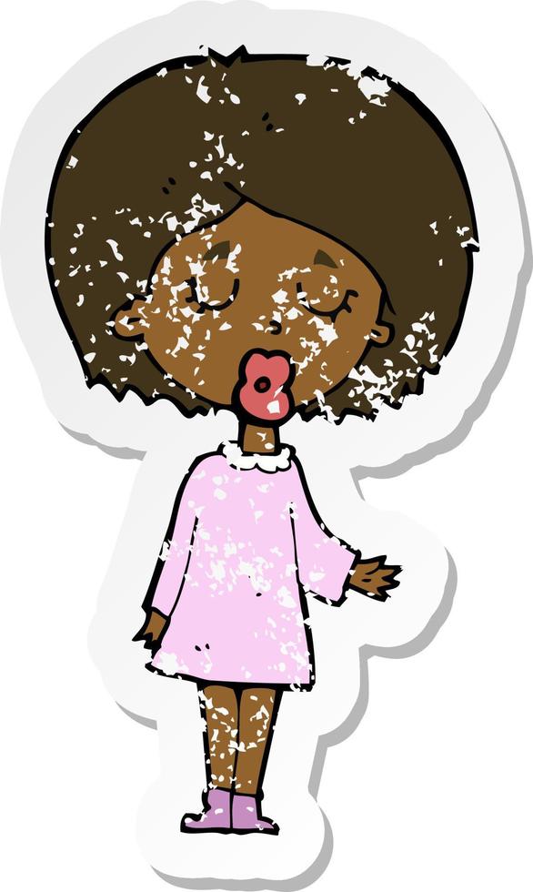 retro distressed sticker of a cartoon woman explaining her point vector