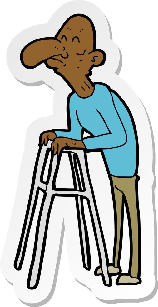 sticker of a cartoon old man with walking frame vector