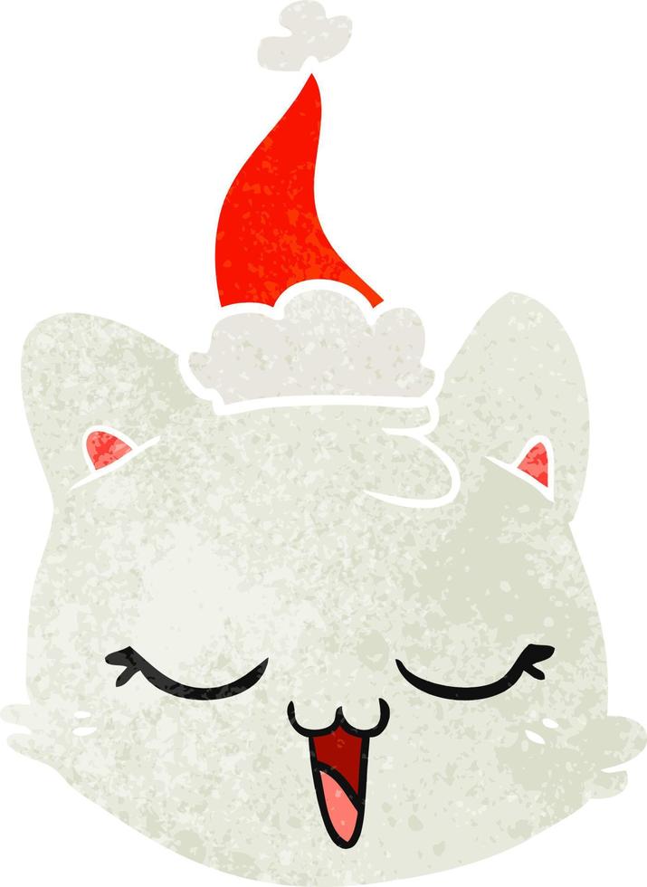 retro cartoon of a cat face wearing santa hat vector