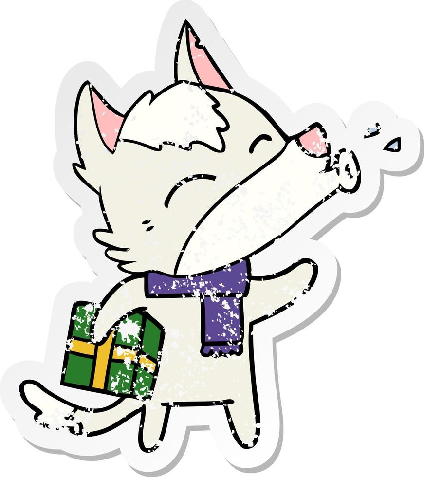 distressed sticker of a howling wolf with christmas present vector