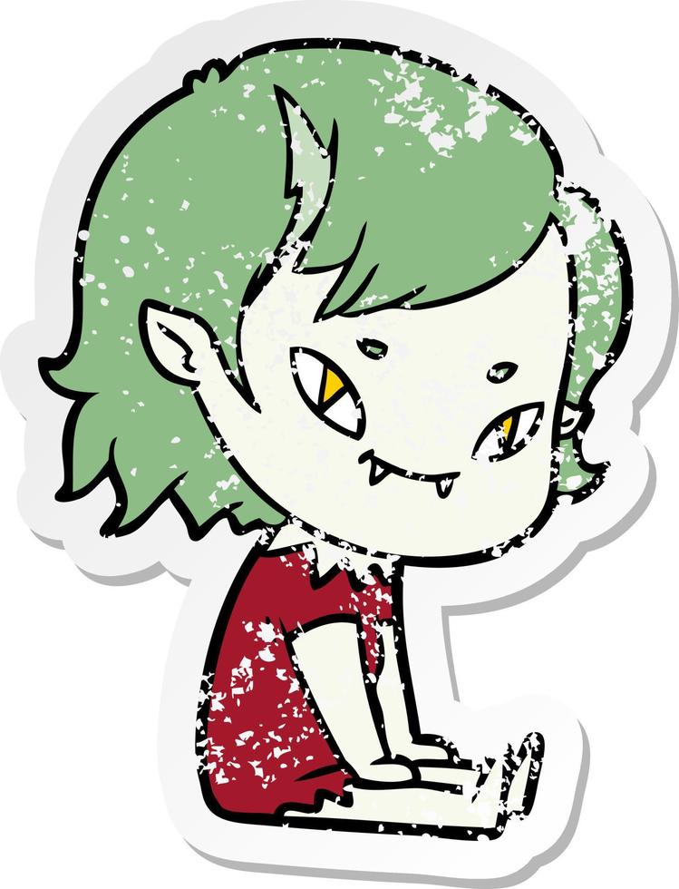 distressed sticker of a cartoon friendly vampire girl sat down vector