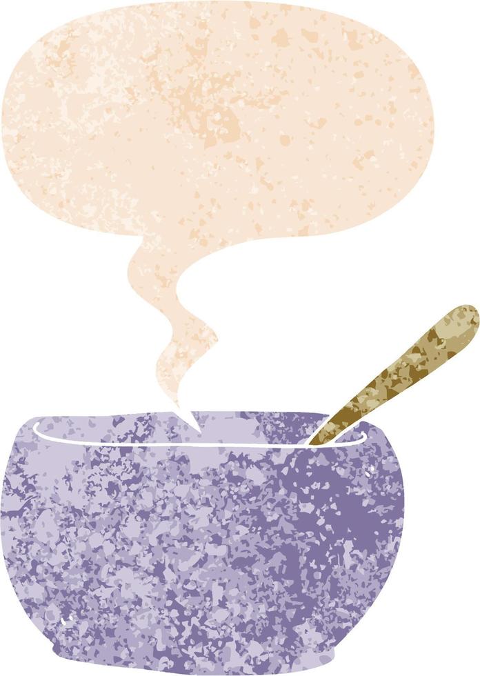 cartoon soup bowl and speech bubble in retro textured style vector