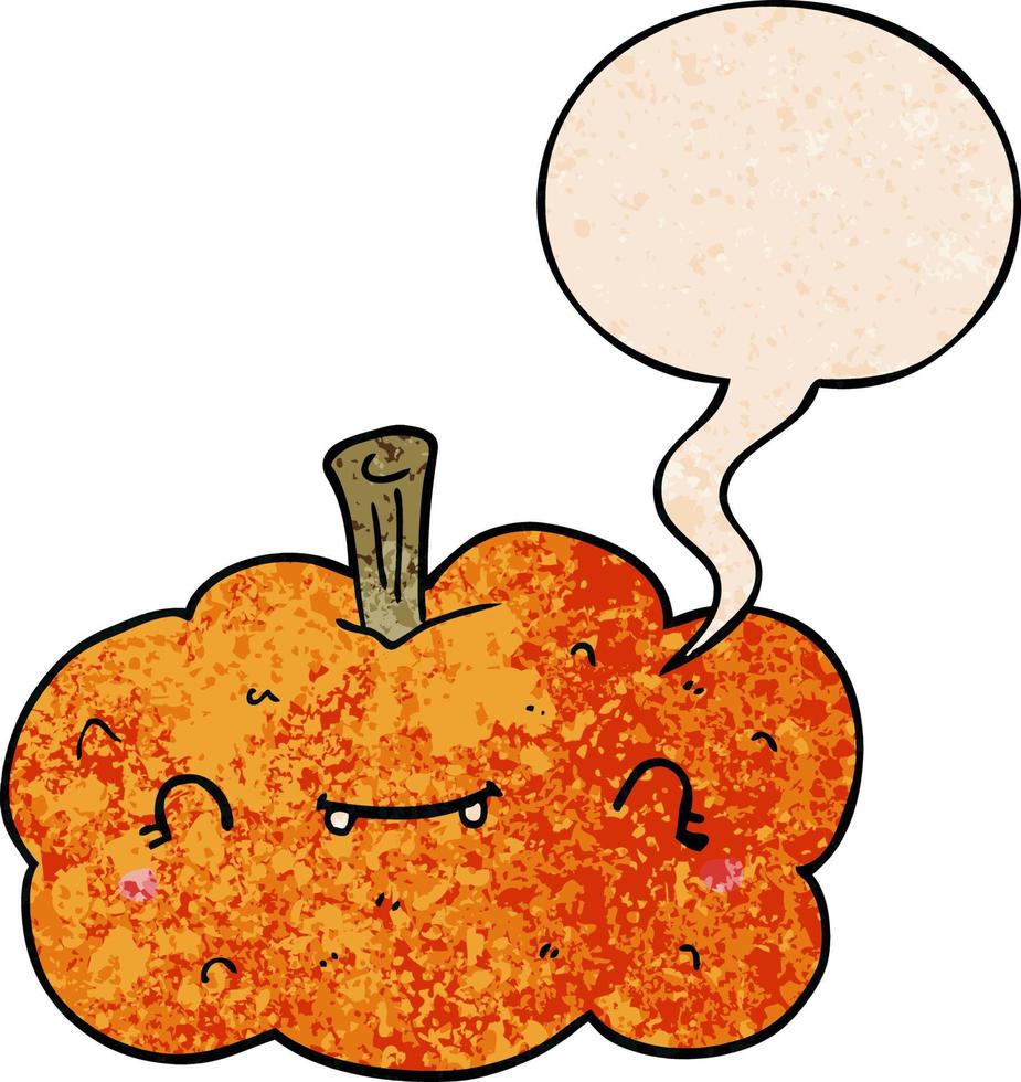 cartoon pumpkin and speech bubble in retro texture style vector