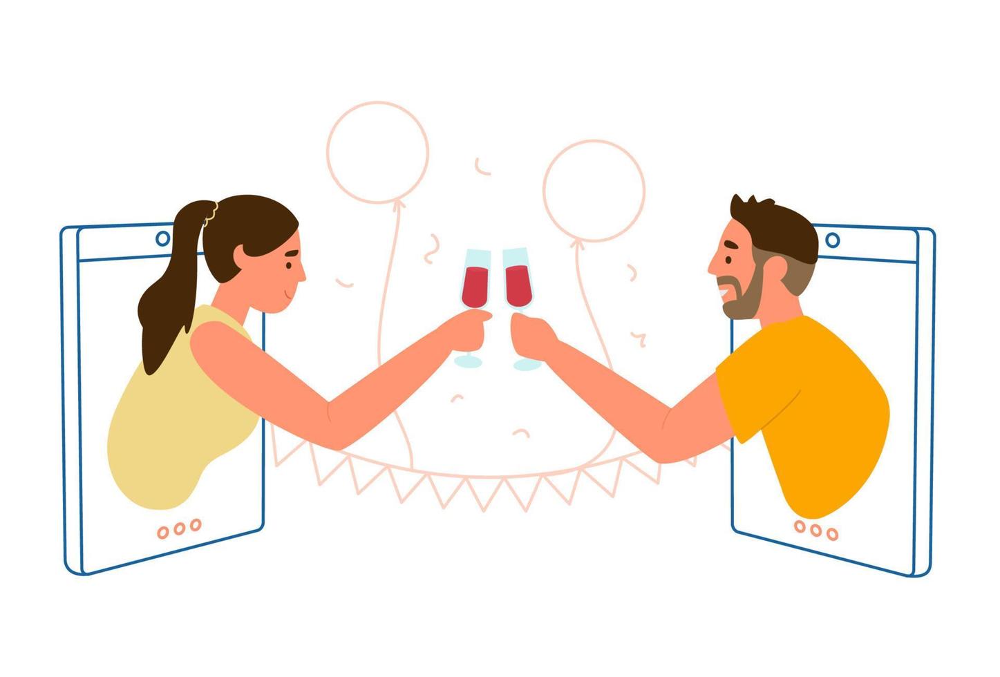 Online Date Or Party Concept Flat Vector Illustration. Couple Clinking Glasses Of Wine From Smartphones.