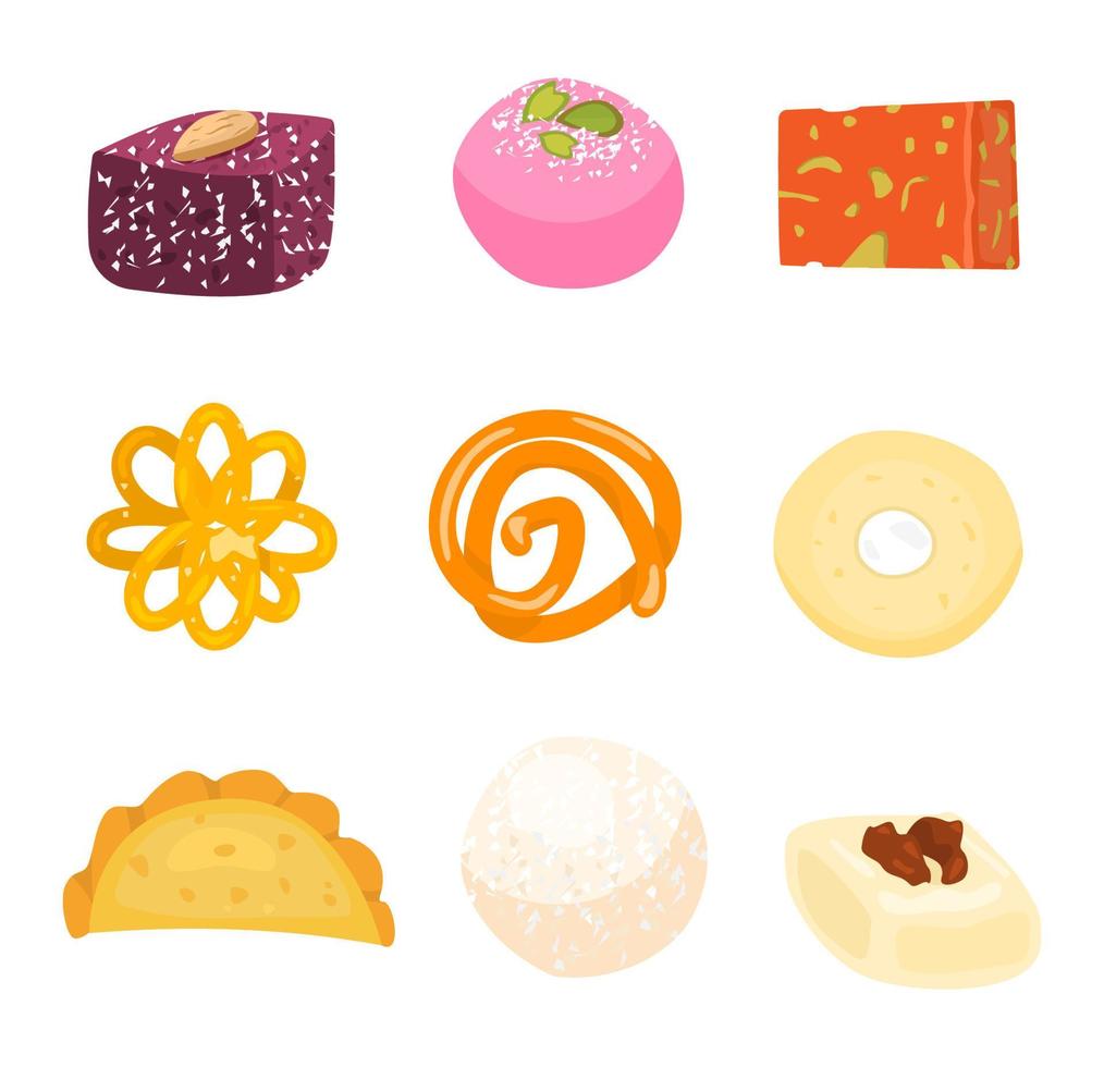 Vector set of traditional Indian sweets.  Gujiya, sandesh, gulab jamun, jalebi, rasgulla and others.