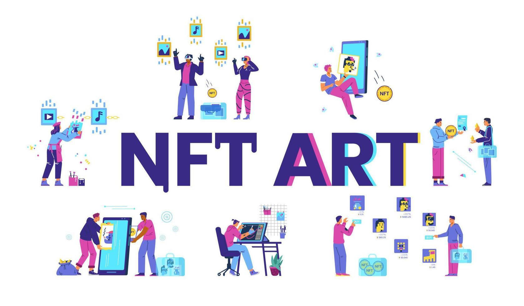 NFT non fungible token concept vector banner. People creatiT art  illustrations.ng, selling, choosing and buying NF