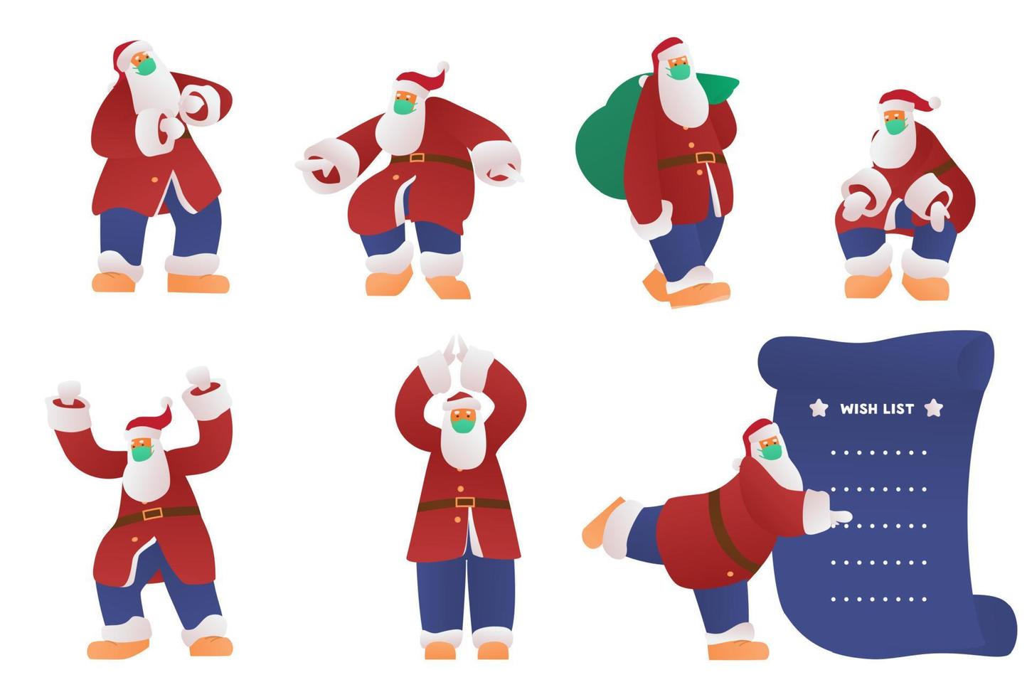 divertido santa en conjunto de vectores de máscara protectora. bailando, llevando una bolsa, sosteniendo una lista de deseos. colección de diseño de personajes. aislado en blanco