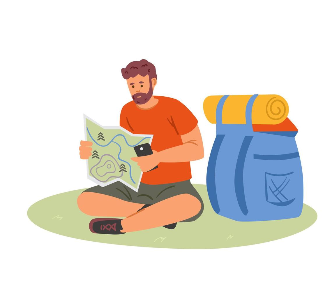 hombre barbudo con mochila sentado en la hierba planeando una ruta de senderismo con mapa y teléfono inteligente. ilustración vectorial plana. aislado en blanco vector