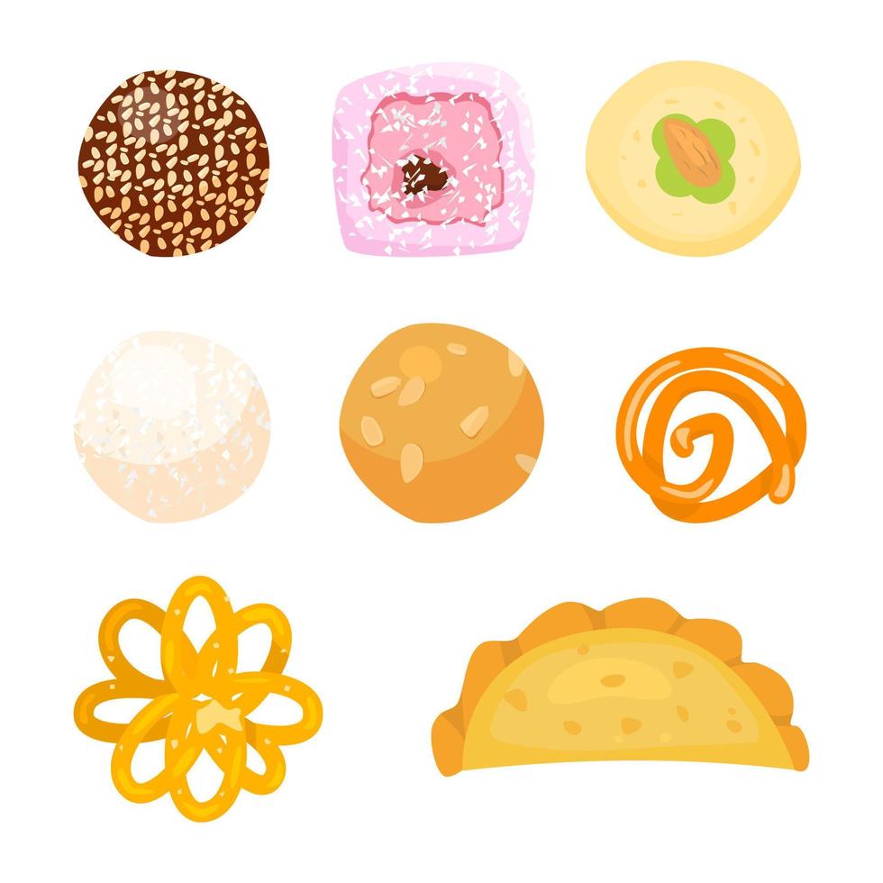 Vector set of traditional Indian sweets. Laddu, gujiya, sandesh, gulab jamun, jalebi, rasgulla.