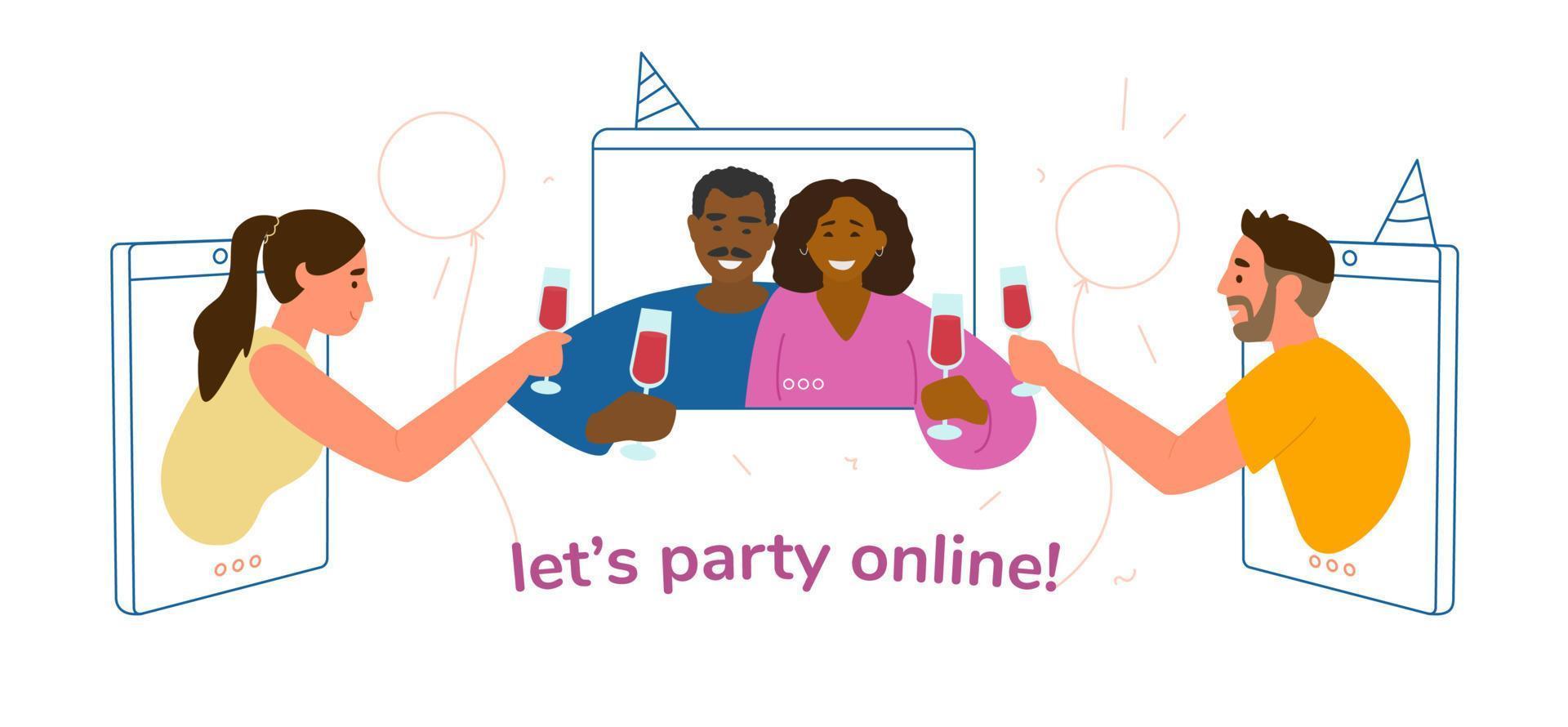 Online Party During Quarantine Concept Vector Illustration. Happy People Of Different Ethnicity Clinking Glasses Of Wine From Smartphones And Tablet.