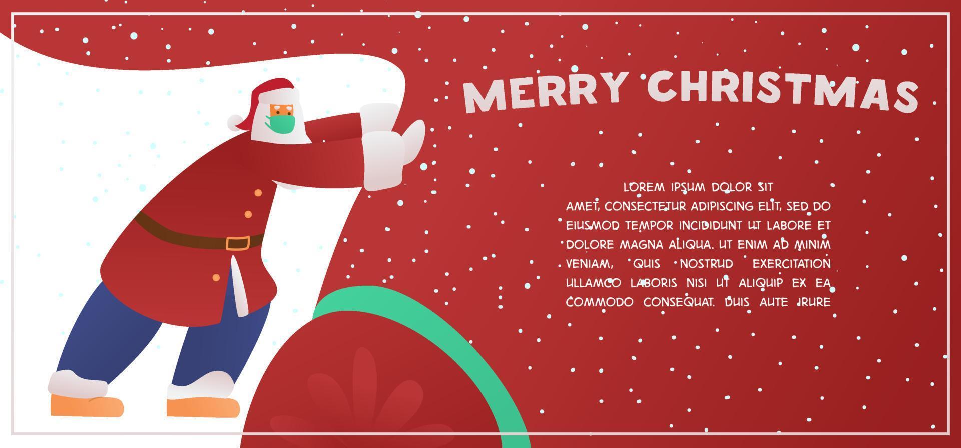 Merry Christmas Vector Banner With Funny Santa Claus In Face Mask Pushing Big Bag With Gifts.