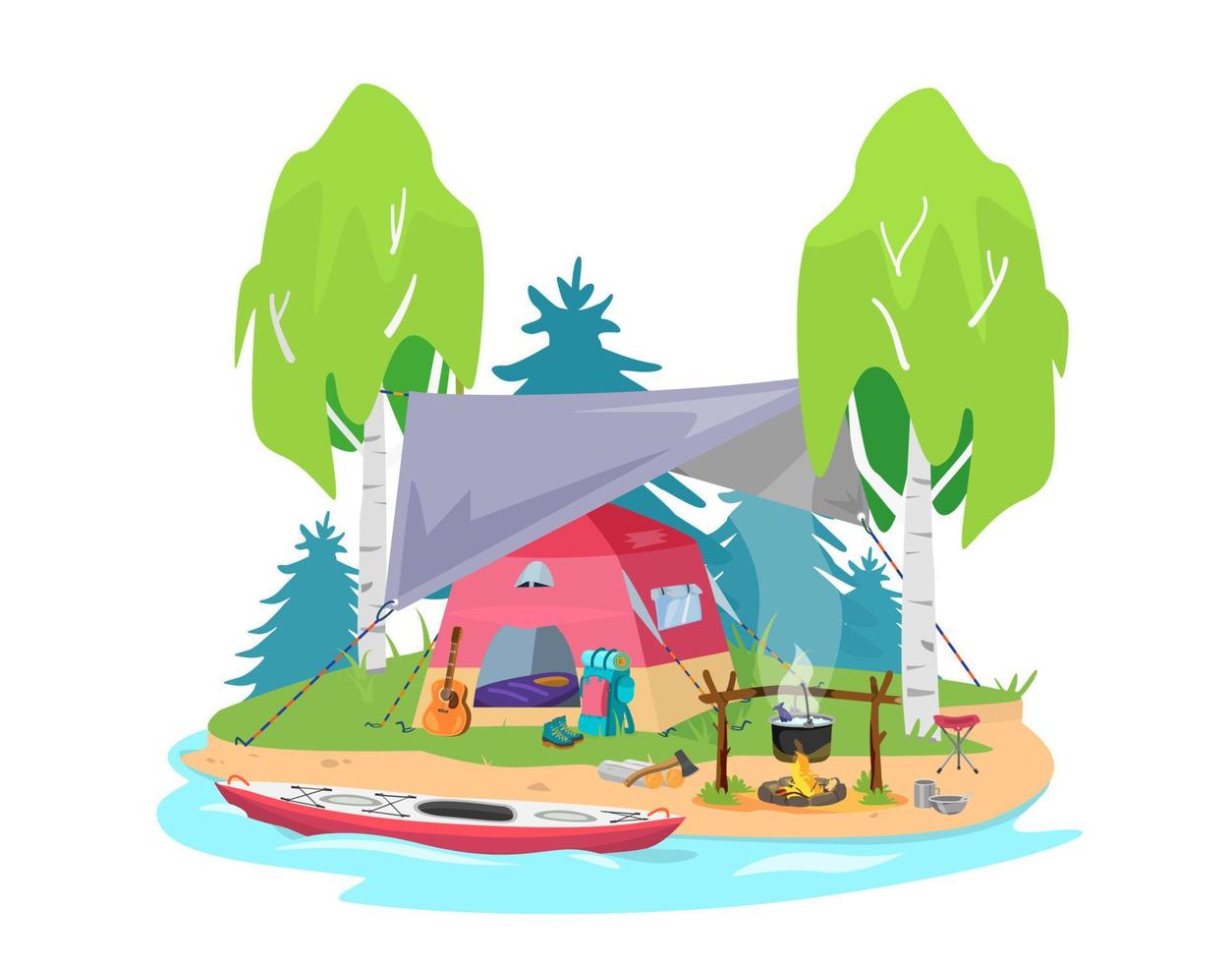 ilustración de campamento de verano con carpa bajo toldo, kayak, mochila, guitarra, botas, fogata con sopa de cocina. bosque de verano en el fondo. estilo de dibujos animados plana. vector