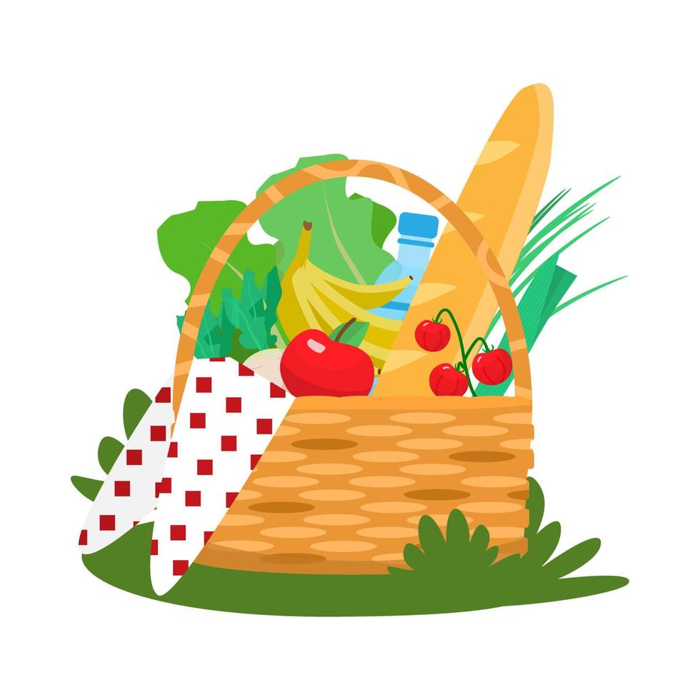 Picnic basket with fruits and vegetables, water, beguette and cloth. Cartoon vector. Isolated on white. vector