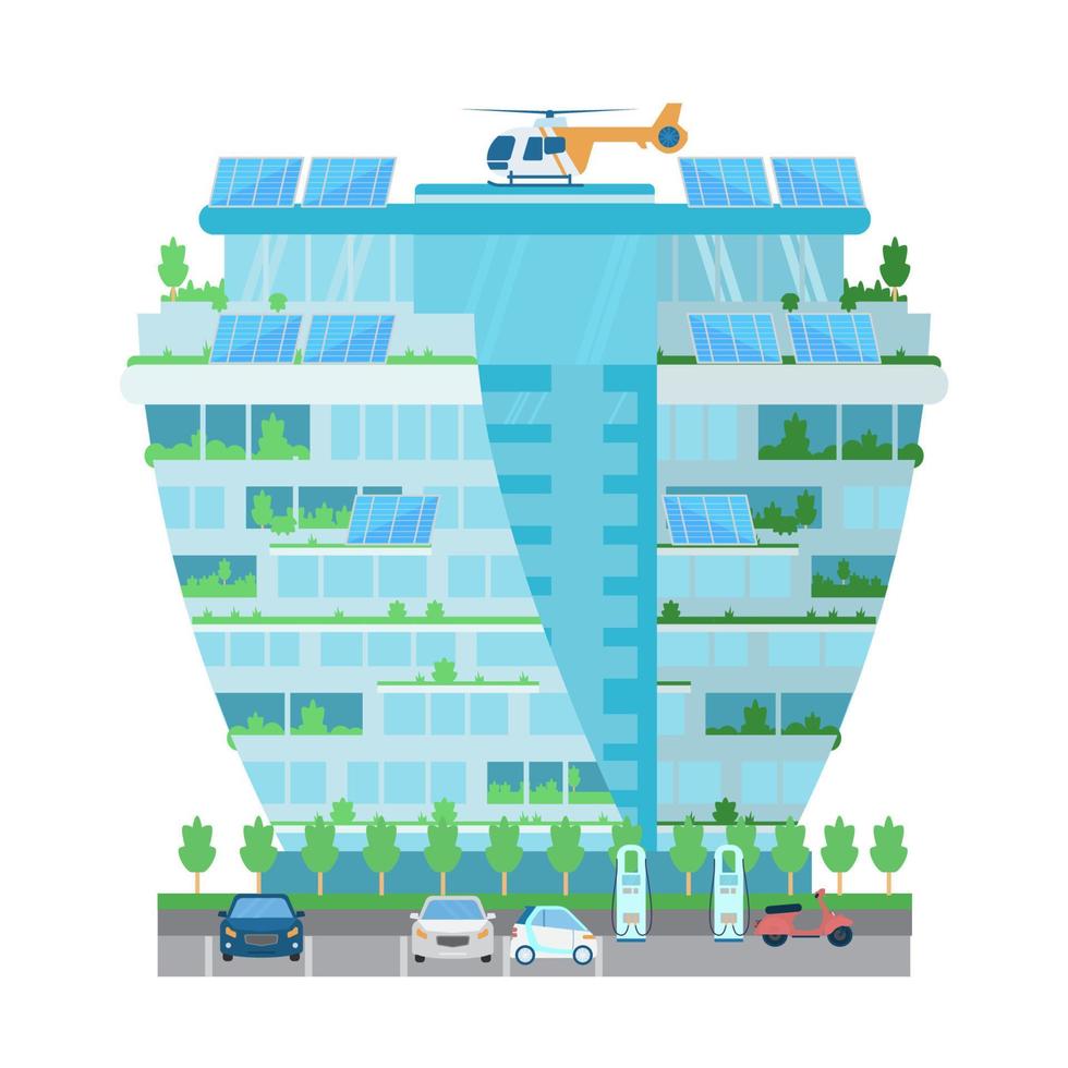 edificio moderno de rascacielos con helicóptero en el techo, baterías solares, plantas, estación de carga para autos eléctricos en el estacionamiento. ciudad inteligente. ilustración vectorial plana aislada en blanco. vector