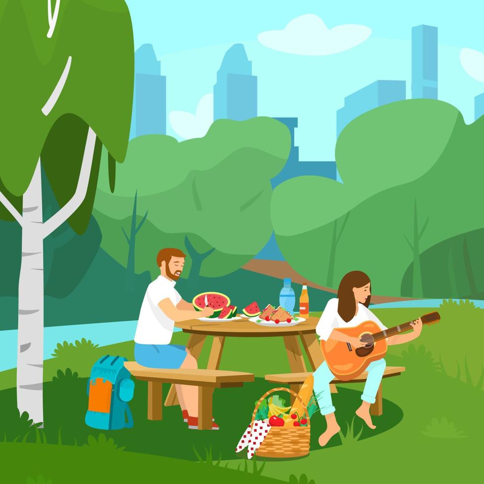 Vector illustration of couple having picnic in park. Woman playing guitar, man cutting watermelon. Cityscape at the background. Picnic bascket with fruits, vegetables and baguette. Cartoon style.