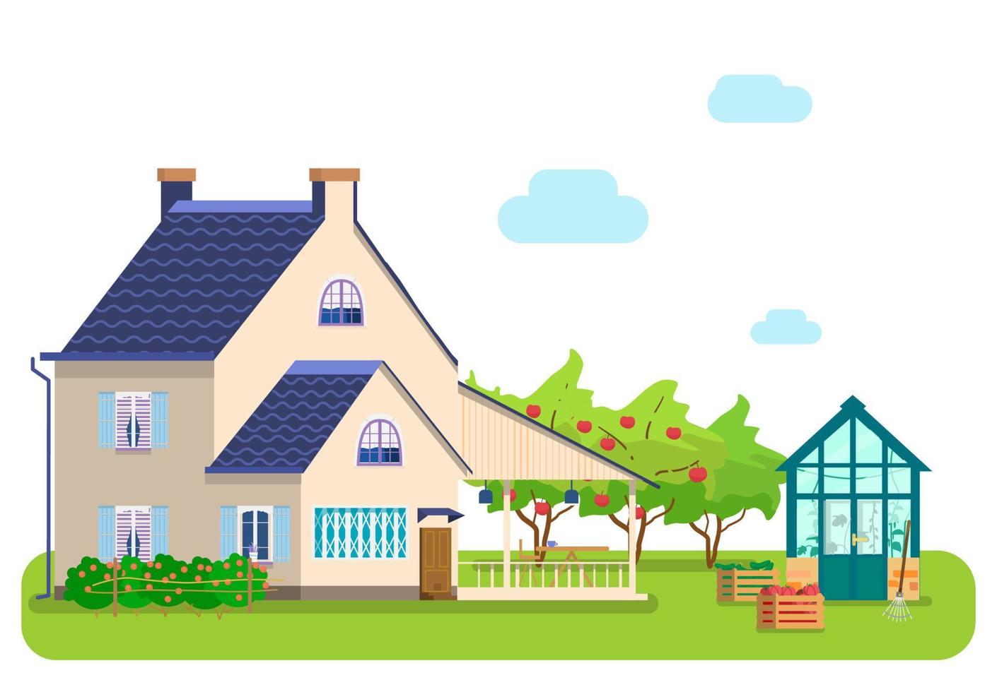 Vector illustration of countryside scene. Country house, greenhouse, wooden boxes with vegetables, apple orchard.
