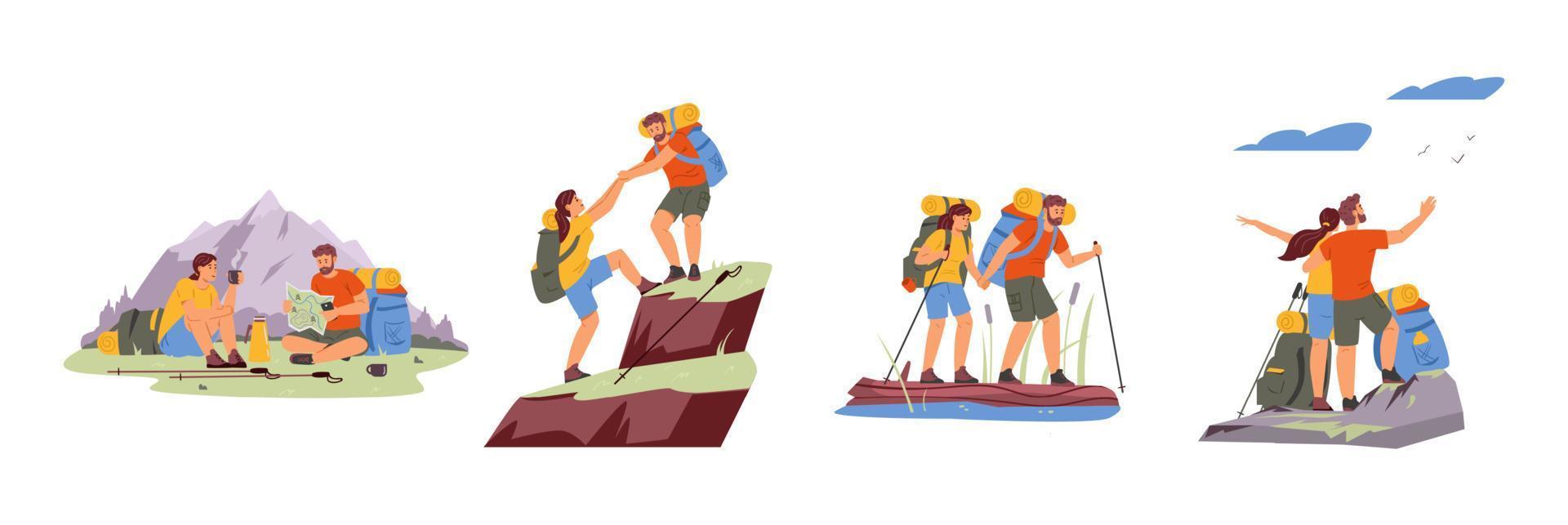 Couple hiking vector illustrations set. Man and woman travelling