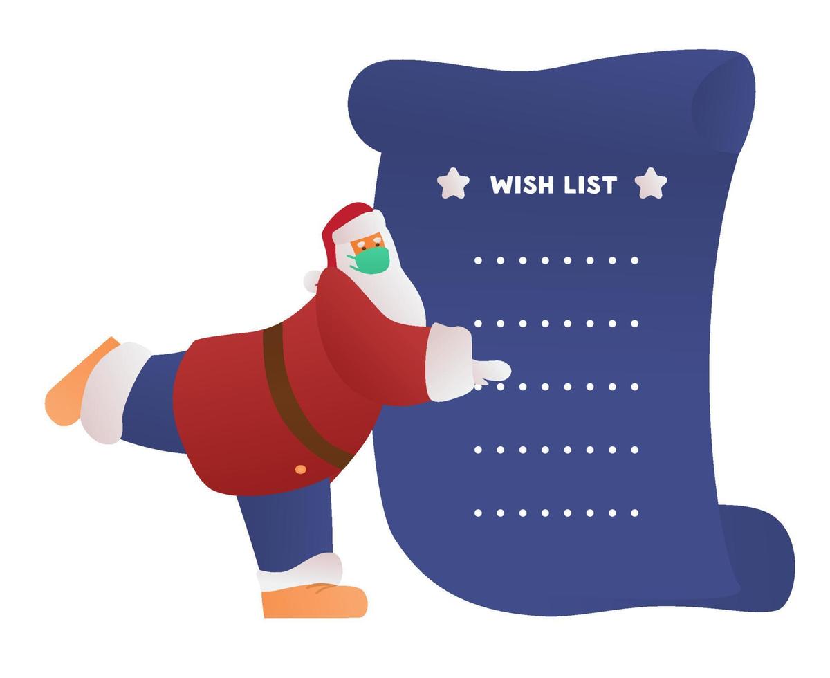 Funny Dancing Santa Claus In Protective Face Mask Showing To Bid Scroll Wish List. Flat Vector Illustration.