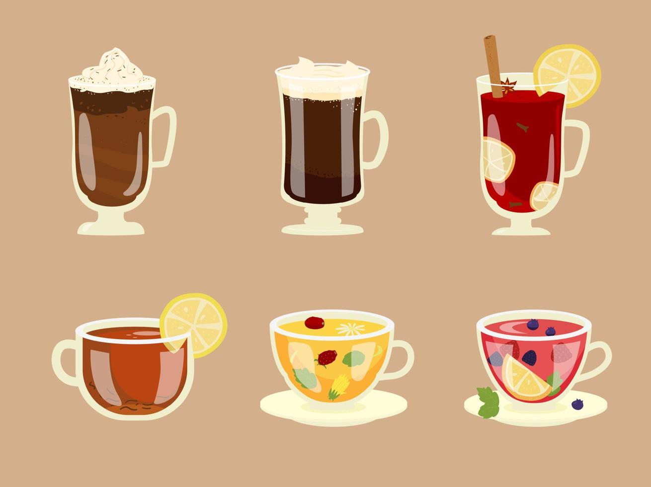 conjunto de bebidas calientes de invierno en vasos de vidrio. Cafe y te. chocolate caliente, vino caliente, café, té de hierbas, té negro, té de frutas. ilustración vectorial de dibujos animados. vector