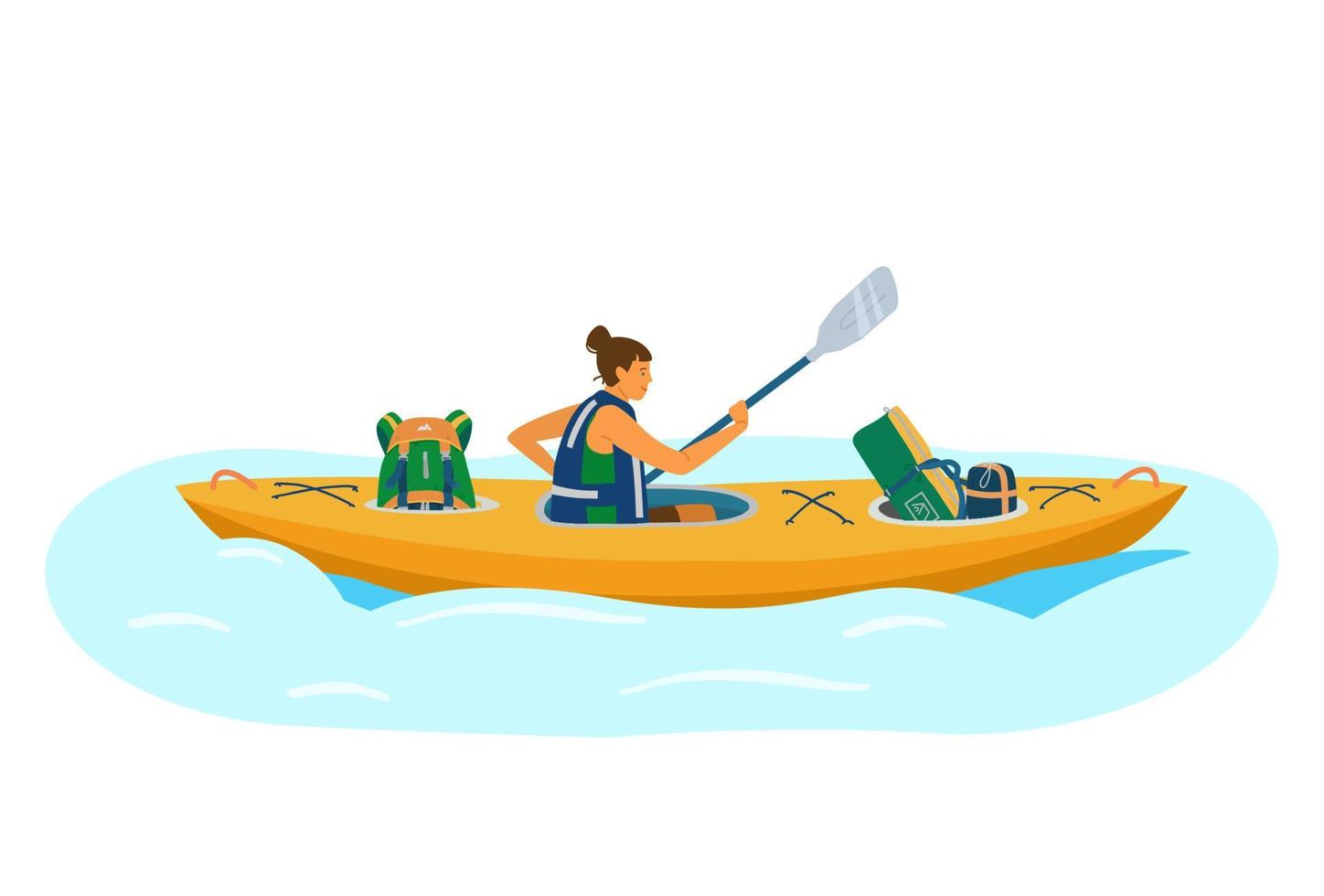 Woman in life jacket rows in kayak with tourist equipment.  Backpack, sleeping bag, tent. Tourist in water trip. Flat cartoon vector illustration.