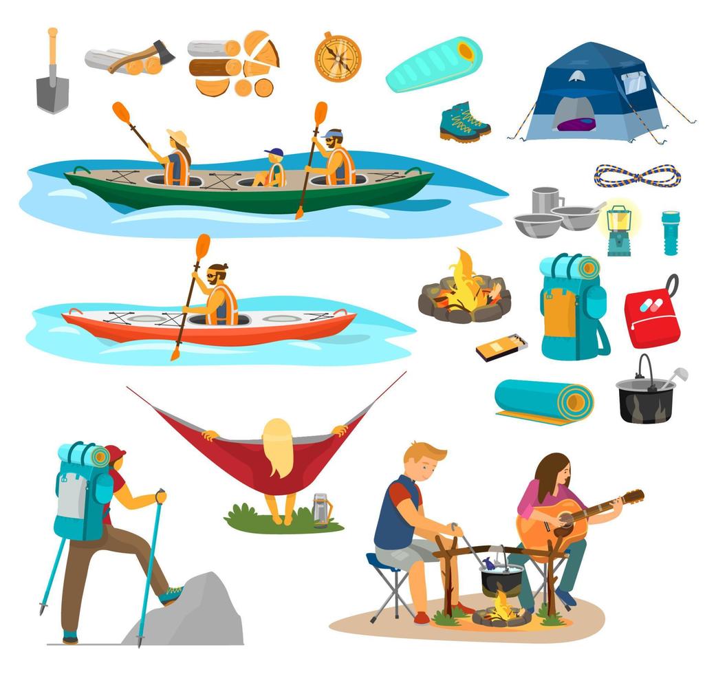 vector grande ambientado en el tema del camping. kayak familiar, hombre de excursión, pareja cerca del fuego del campamento cocinando sopa y tocando la guitarra, mujer en hamaca. equipo de campamento.