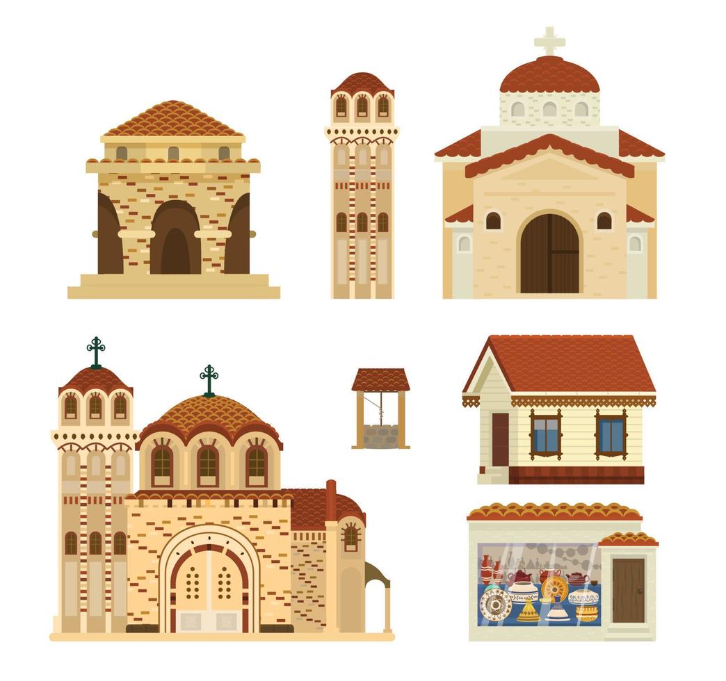 Vector set of Byzantinian buildings. Ancient architecture. Churches, rotunda, living house, ceramics workshop, tower, well. Middle Eastern culture. Flat illustration.