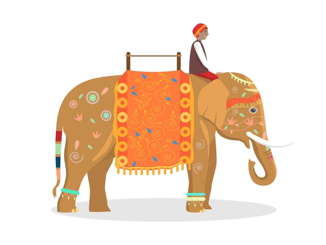 Vector illustration of Indian elephant with lots of decoration with rider isolated. Elephant ride.