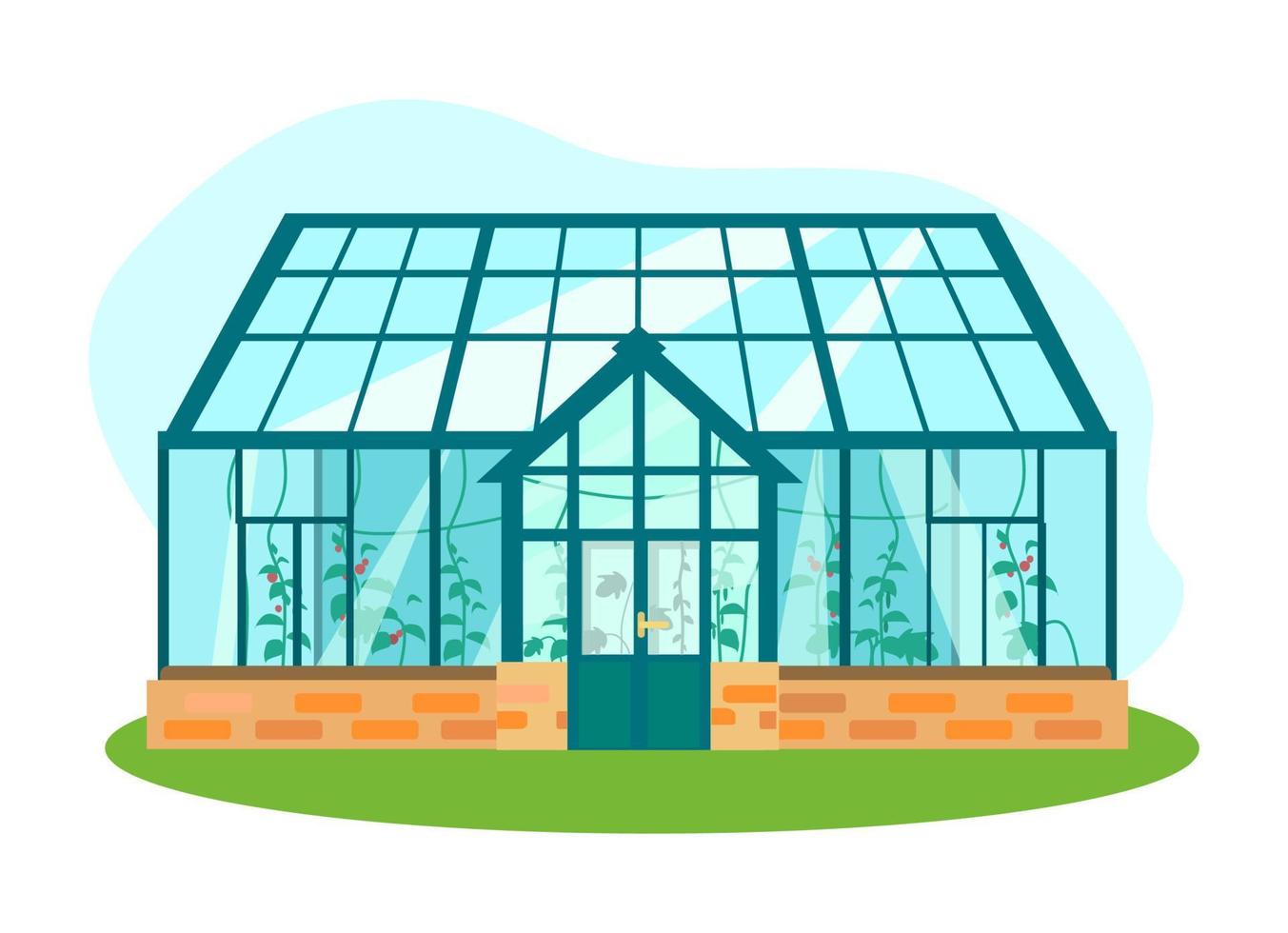 Vector illustration of greenhouse with different plants inside in flat style. Glass house with tomatoes and cucumber plants.
