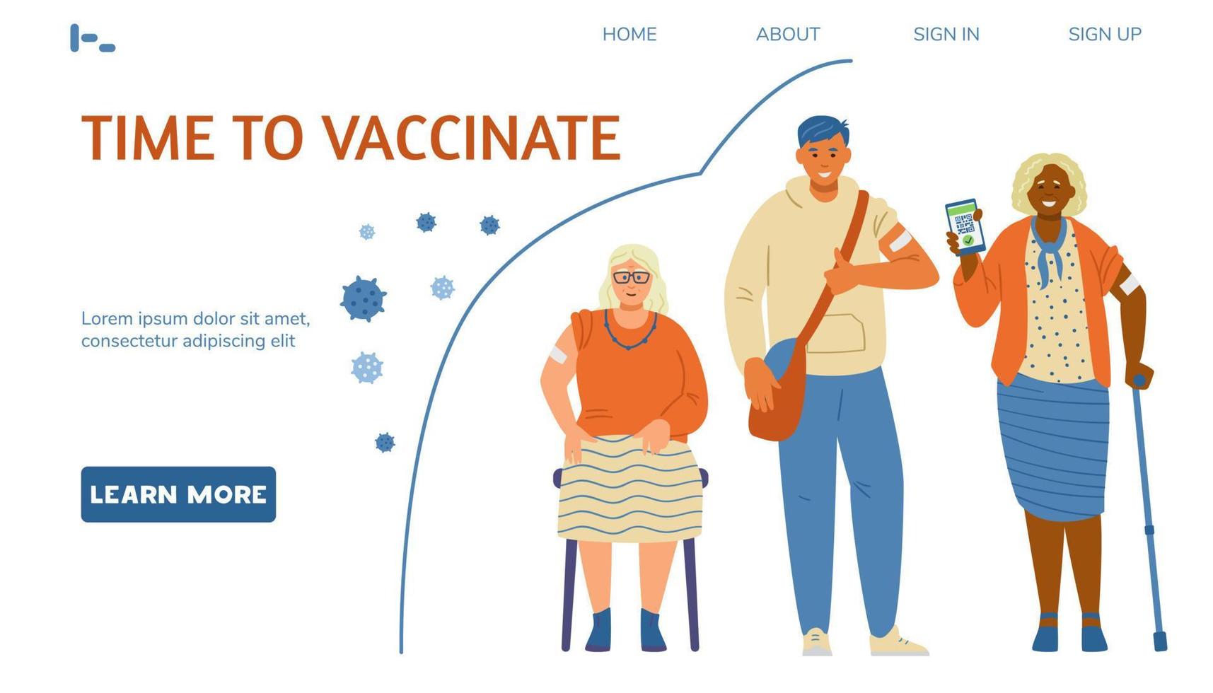 vacunación contra la plantilla de la página de destino del vector coronavirus. jóvenes y personas mayores multirraciales que muestran las manos con parches y sostienen teléfonos con certificado de vacunación.