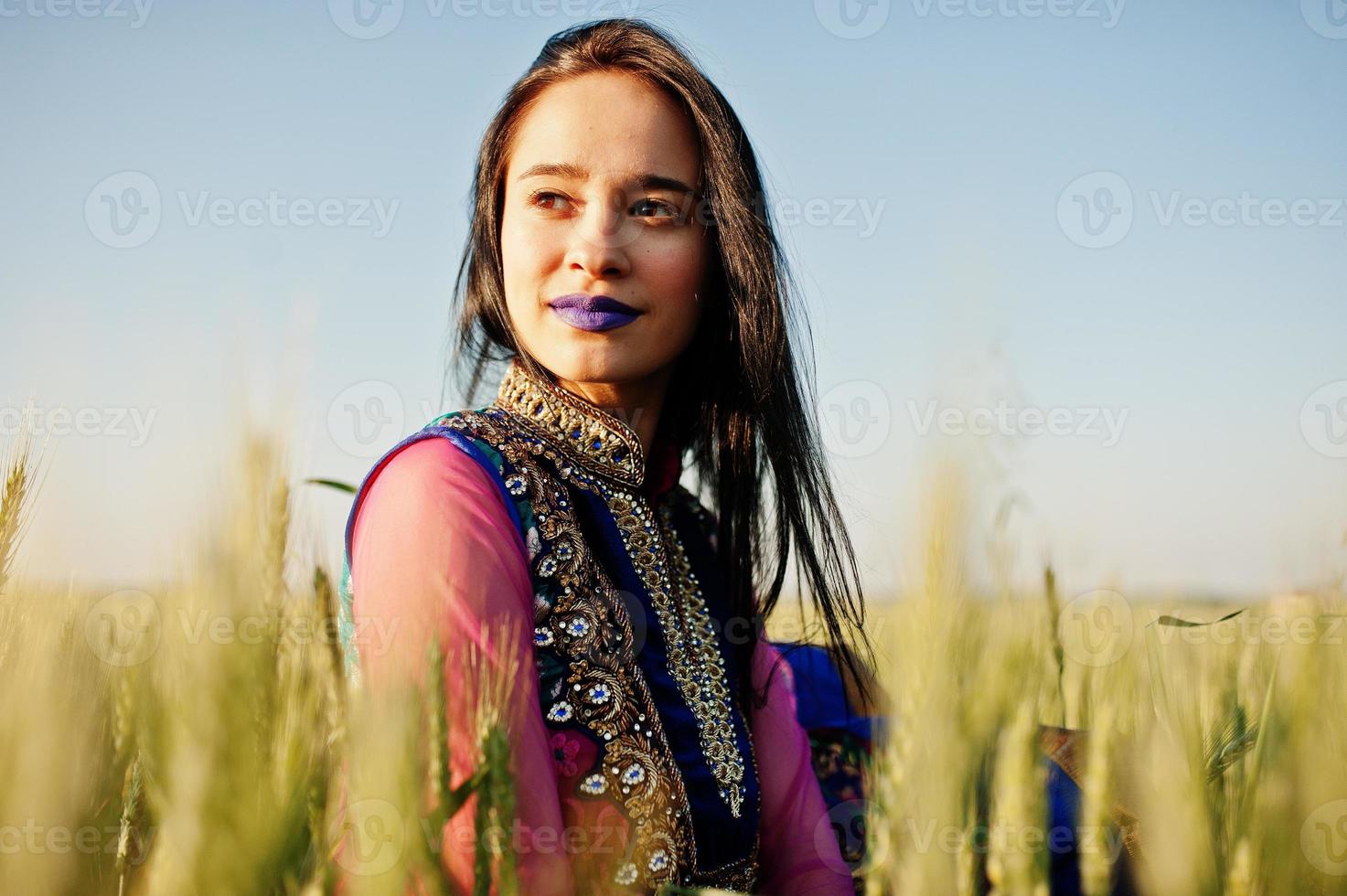 Tender indian girl in saree, with violet lips make up posed at field in sunset. Fashionable india model. photo