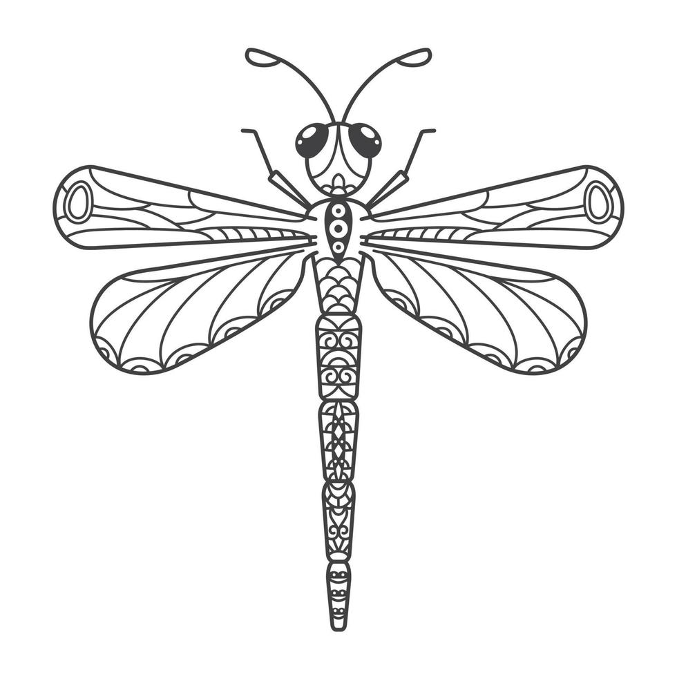 The dragonfly is decorated with an ethnic floral pattern. Hand-drawn beautiful insect in doodle style on a white background. Stylized mehndi ornament for tattooing and coloring book. vector