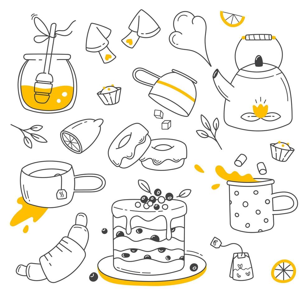 A doodle style tea set. Black and white image with orange splashes. Stylish hand drawn design. Original icons, stickers. Cups, teapot and sweets. vector