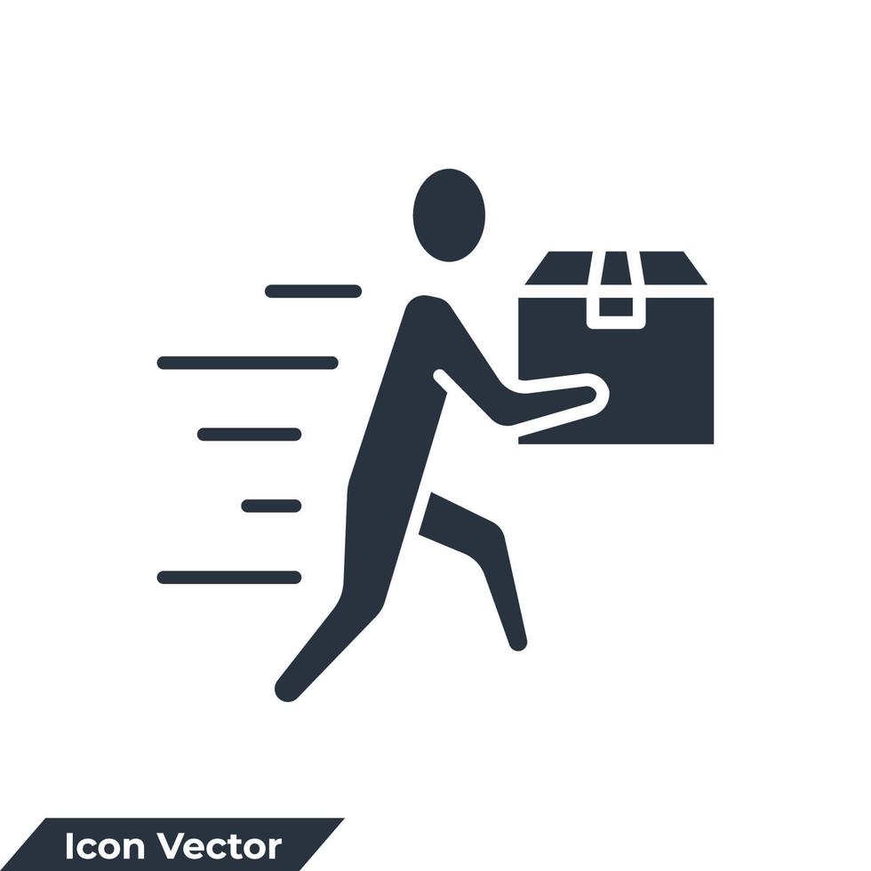 Ilustración de vector de logotipo de icono de entrega de mensajería. hombre en movimiento con caja, persona que tiene en la mano una plantilla de símbolo de paquete para la colección de diseño gráfico y web