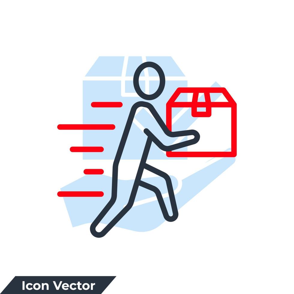 Ilustración de vector de logotipo de icono de entrega de mensajería. hombre en movimiento con caja, persona que tiene en la mano una plantilla de símbolo de paquete para la colección de diseño gráfico y web